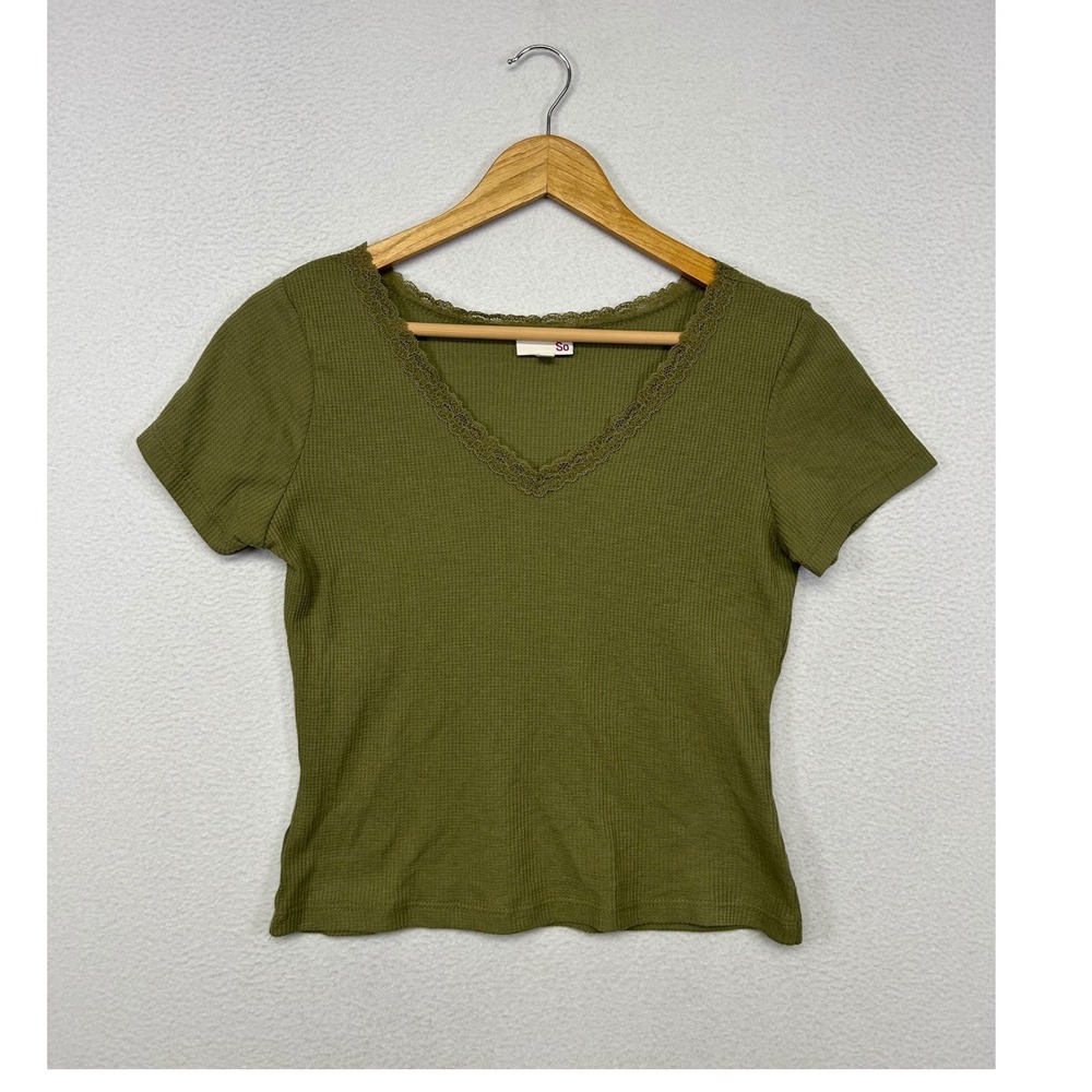 Cottagecore Earthy So Womens Medium Olive Green Lace Trim Waffle Knit Tee